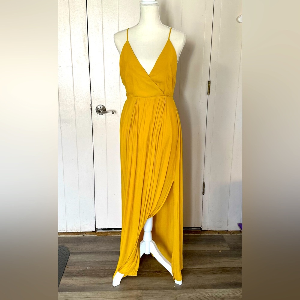 Marigold Mustard Gold Yellow Maxi Long Boho Cocktail Dress Slit low Back Plunge